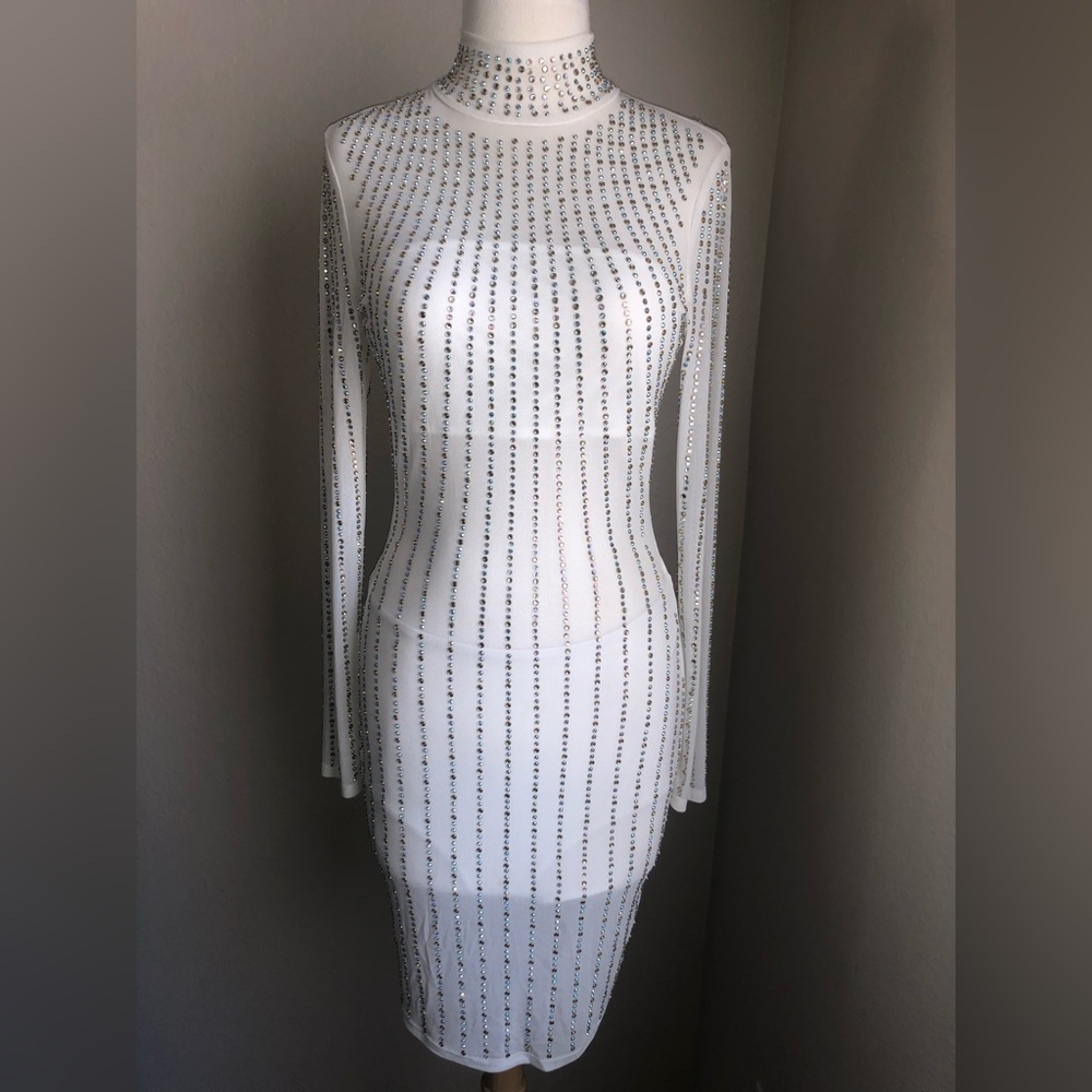 Long Sleeve Beaded Sheer Midi Dress